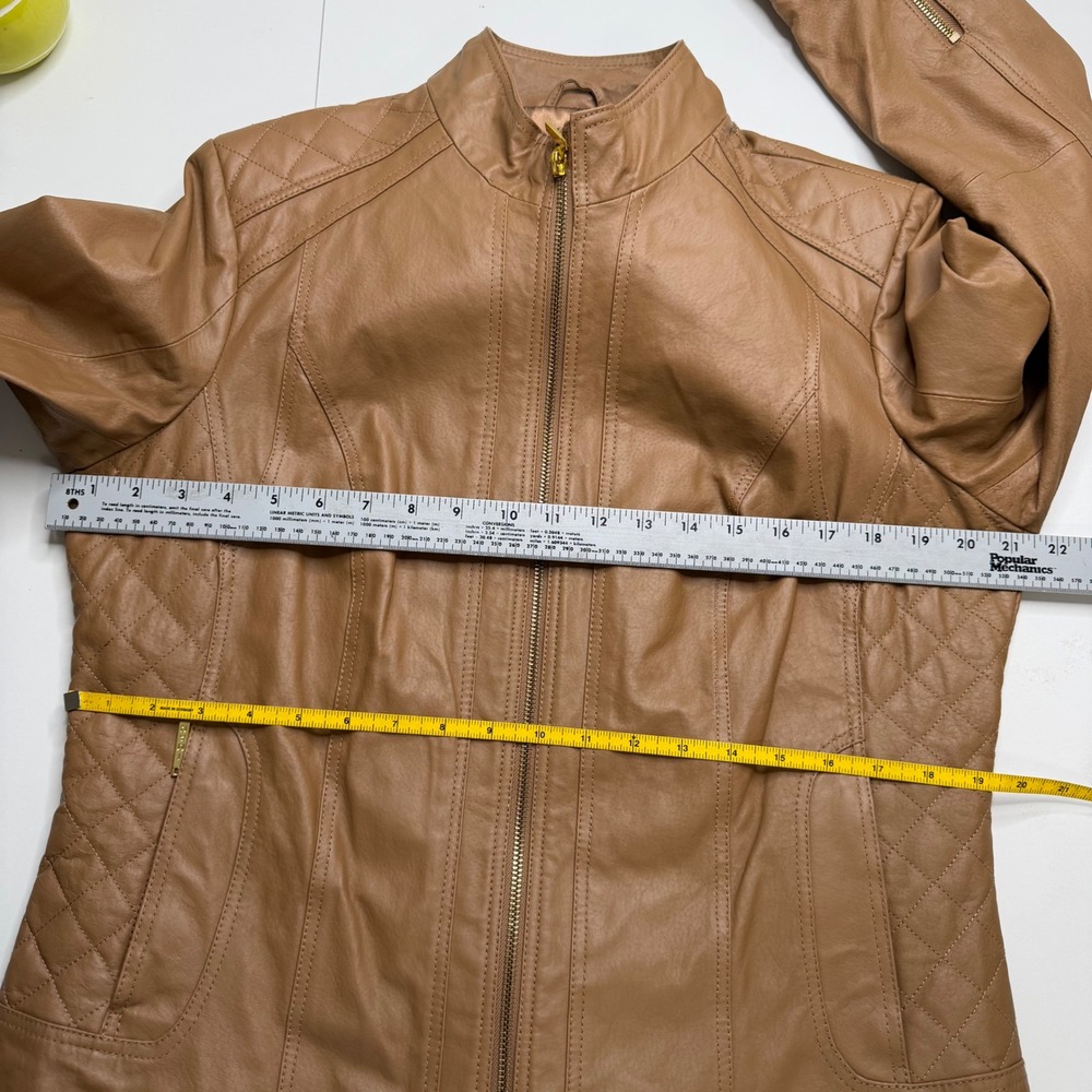 IMAN Genuine Leather Jacket Women Large Tan Quilted Biker Moto Gold Zip Chic - Picture 10 of 11